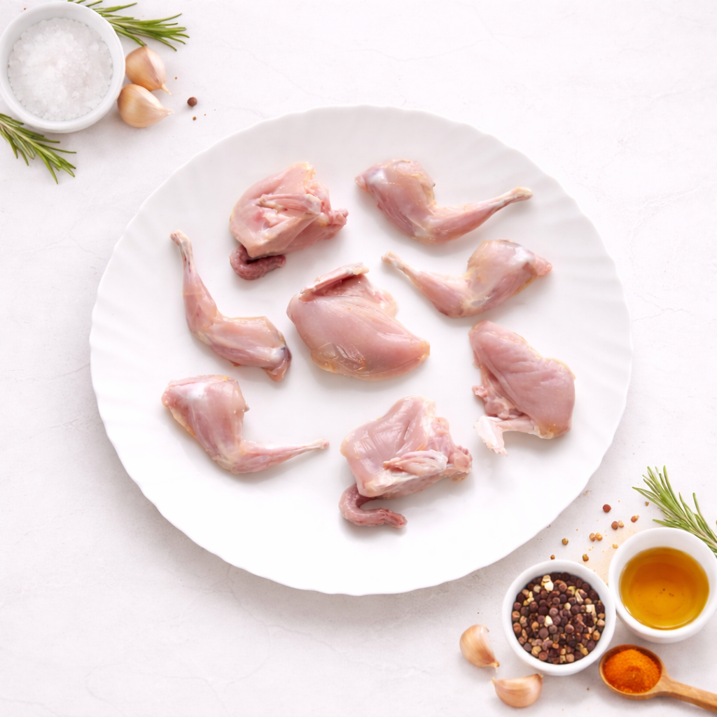 Whole dressed quail, cleaned and cut, ready to cook